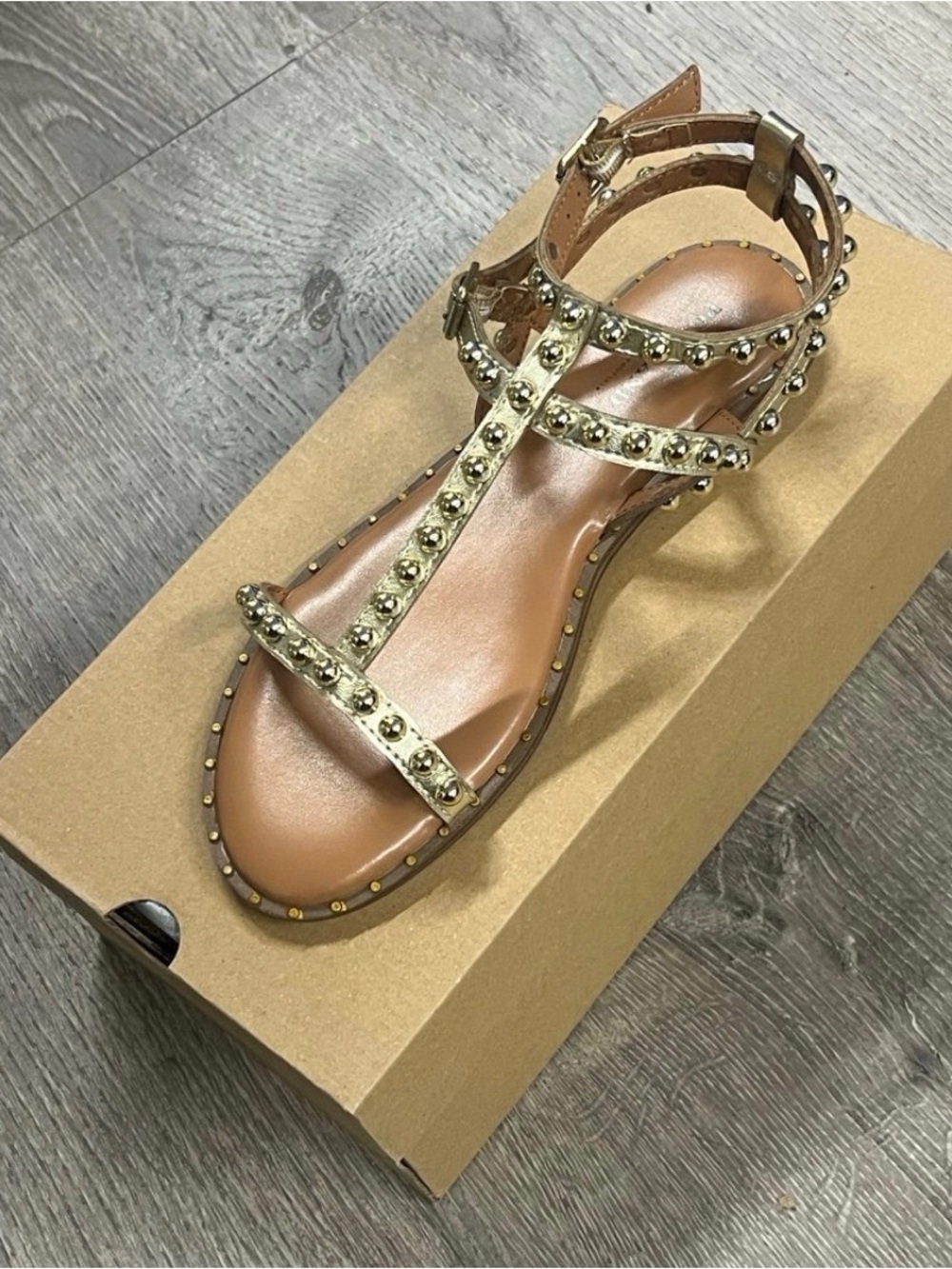 Studded T-Strap Women's Sandals - Tan with Gold Accents